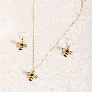 Gold Bumblebee Bee Pendant Necklace and Earrings Set